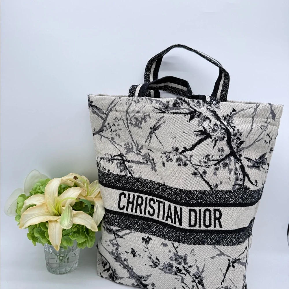 Christian Dior VIP Gift Tote Bag Black White Floral Toile de Jouy Canvas Travel